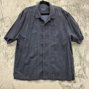 Tommy Bahama Mens XL Loop Collar Hawaiian Blue Embroidered Shirt Camp Silk
